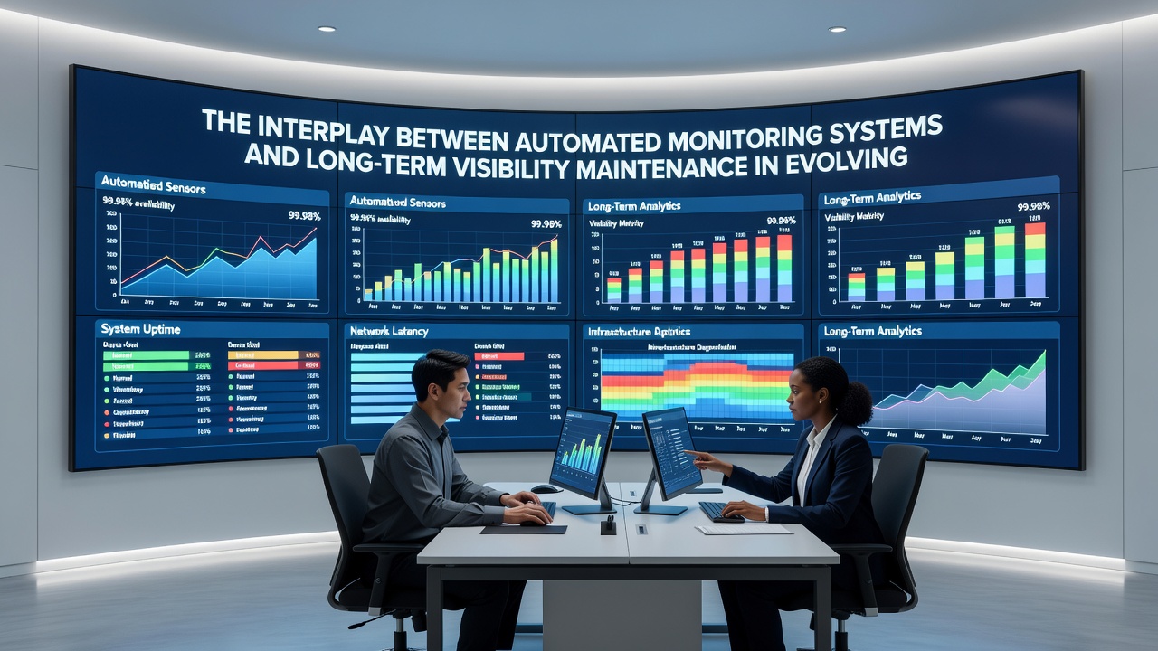 Team reviewing platform analytics with monitoring software overlays on large screens